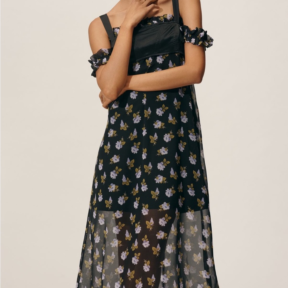 Maeve Square-Neck Sheer Floral Midi Dress